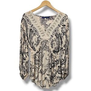 Blue Rain Paisley Crochet Lace‎ Top L Cream Black Boho Romantic Fairy Whimsy